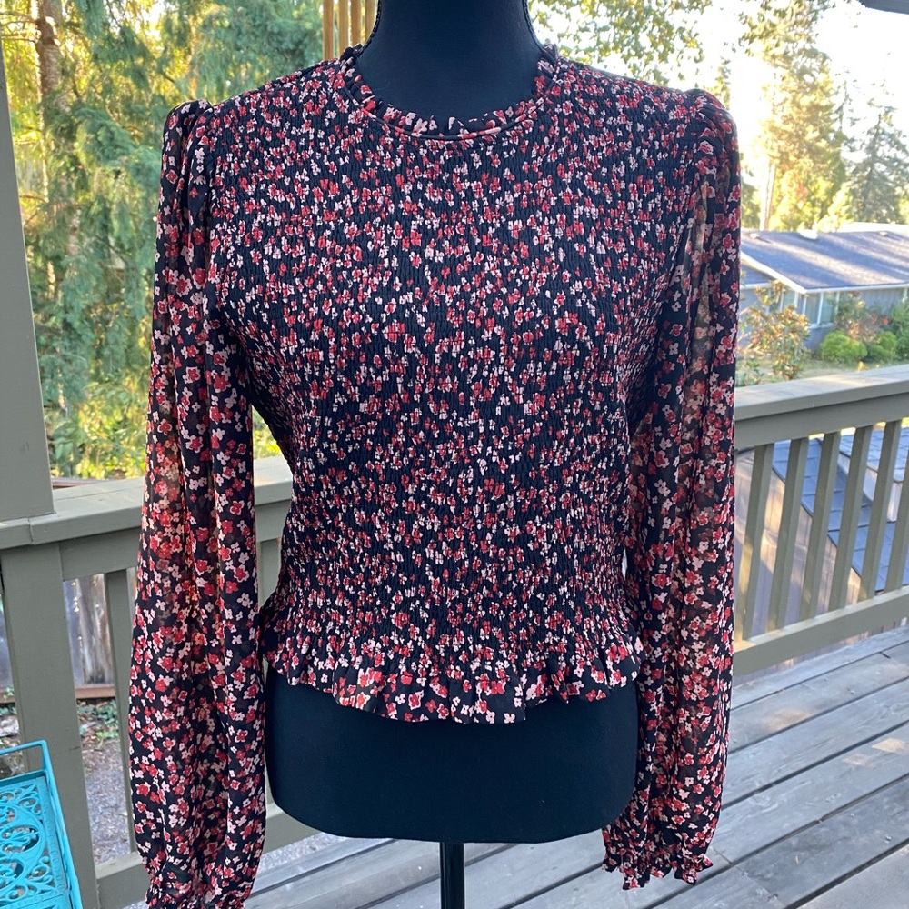 Vici smocked top with sheer sleeves size L